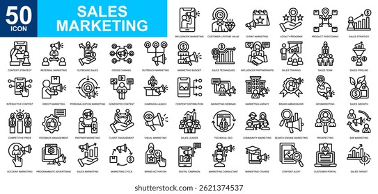 Sales Marketing icon collection set. Sales forecasting, campaign management, market trends, branding, marketing strategy icon. Simple line vector.