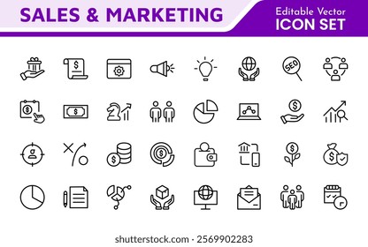 Sales and Marketing Icon Set. A dynamic collection of icons designed to enhance branding, promotions, and customer engagement, perfect for marketing materials and business applications.