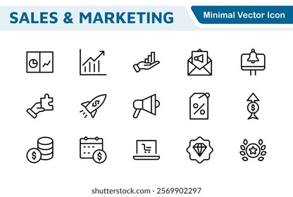 Sales and Marketing Icon Set. A dynamic collection of icons designed to enhance branding, promotions, and customer engagement, perfect for marketing materials and business applications.