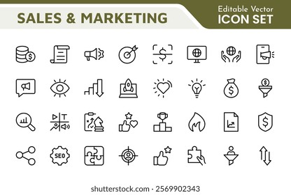 Sales and Marketing Icon Set. A dynamic collection of icons designed to enhance branding, promotions, and customer engagement, perfect for marketing materials and business applications.