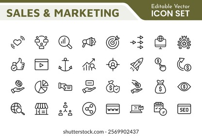 Sales and Marketing Icon Set. A dynamic collection of icons designed to enhance branding, promotions, and customer engagement, perfect for marketing materials and business applications.