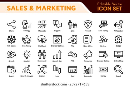 Sales and Marketing Icon Set. A dynamic collection of icons designed to enhance branding, promotions, and customer engagement, perfect for marketing materials and business applications.