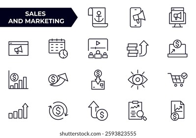 Sales and Marketing Icon Set. A dynamic collection of icons designed to enhance branding, promotions, and customer engagement, perfect for marketing materials and business applications.