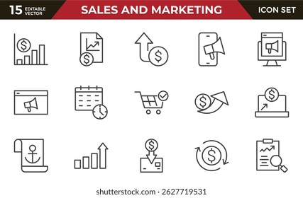 Conjunto de ícones de vendas e marketing. Uma coleção dinâmica de ícones projetada para aprimorar a marca, as promoções e o envolvimento do cliente, perfeito para materiais de marketing e aplicativos de negócios.
