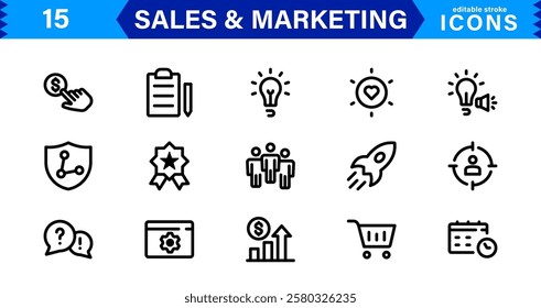 Sales and Marketing Icon Set. Professional Vector Icons with Outline, Minimalist, and Flat Designs for Business, Advertising, and Digital Promotion