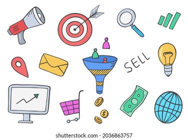 sales and marketing industry doodle hand drawn set collections with flat outline style