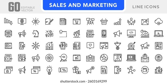 Sales and Marketing line icon set. SEO, promotion, sales dashboard, report, targeting, ad, sales funnel, and Sales strategy outline icon collection. UI thin outline icon pack