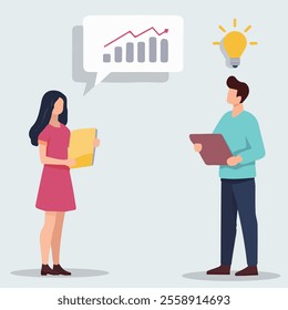 Sales messengers. Employees are conducting a dialogue and thinking about how to increase the sales rate. Vector illustration of EPS 10.