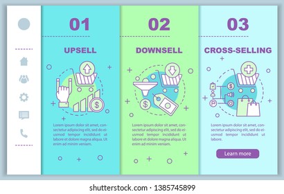 Sales methods onboarding mobile web pages vector template. Upsell, cross-selling. Responsive smartphone website interface idea, linear illustrations. Webpage walkthrough step screens. Color concept 