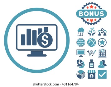Sales Monitor icon with bonus. Vector illustration style is flat iconic bicolor symbols, cyan and blue colors, white background.