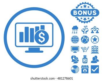 Sales Monitor icon with bonus. Vector illustration style is flat iconic symbols, cobalt color, white background.