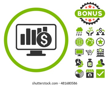 Sales Monitor icon with bonus. Vector illustration style is flat iconic bicolor symbols, eco green and gray colors, white background.
