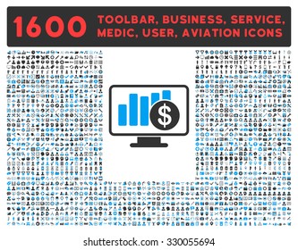 Sales Monitor vector icon and 1600 other business, service tools, medical care, software toolbar, web interface pictograms. Style is bicolor flat symbols, blue and gray colors, rounded angles, white