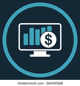 Sales Monitor vector icon. Style is bicolor flat circled symbol, blue and white colors, rounded angles, dark blue background.