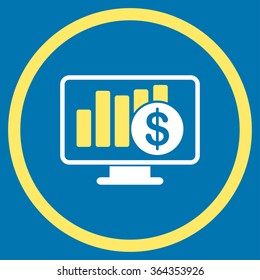 Sales Monitor vector icon. Style is bicolor flat circled symbol, yellow and white colors, rounded angles, blue background.
