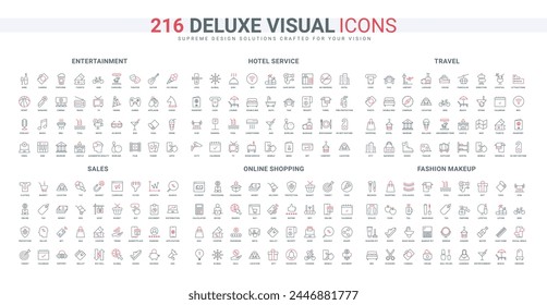 Sales of online store and marketplace line icons set. Games and music for entertainment, hotel hospitality and services for travel and holidays thin black and red outline symbols vector illustration