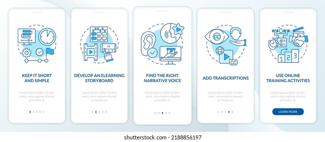 Sales online training videos blue onboarding mobile app screen. Walkthrough 5 steps editable graphic instructions with linear concepts. UI, UX, GUI template. Myriad Pro-Bold, Regular fonts used