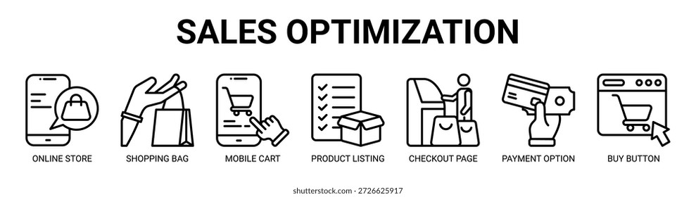 Concepto de Ilustración vectorial de icono de Anuncio de Web de optimización de ventas con icono de tienda en línea, bolso de compras, Carrito móvil, lista de productos, página del Completar compra, opción de pago, comprar Botón.