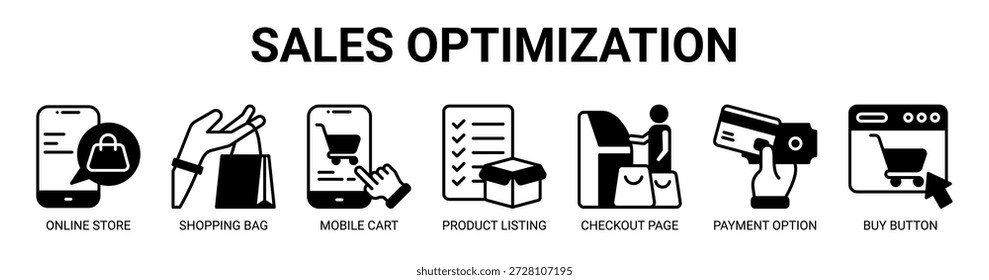 Sales Optimization web banner icon vector illustration concept with icon of online store, shopping bag, mobile cart, product listing, checkout page, payment option, buy button.