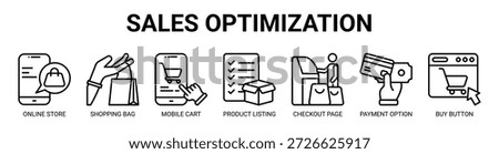 Sales Optimization web banner icon vector illustration concept with icon of online store, shopping bag, mobile cart, product listing, checkout page, payment option, buy button.