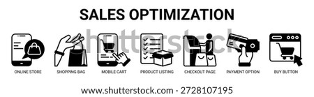 Sales Optimization web banner icon vector illustration concept with icon of online store, shopping bag, mobile cart, product listing, checkout page, payment option, buy button.