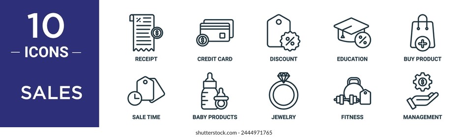 sales outline icon set includes thin line receipt, credit card, discount, education, buy product, sale time, baby products icons for report, presentation, diagram, web design