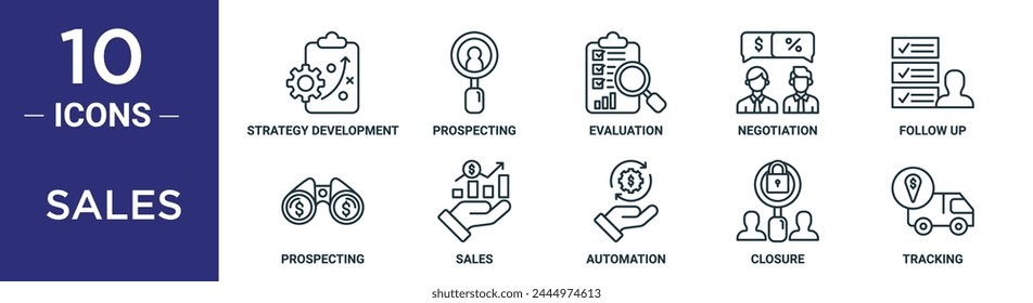 Seguir Diseño web el conjunto de iconos de esquema de ventas incluye desarrollo de estrategia de línea fina, prospección, evaluación, negociación,