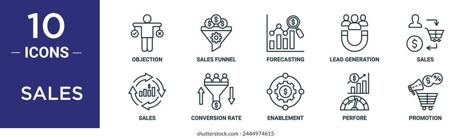 sales outline icon set includes thin line objection, sales funnel, forecasting, lead generation, sales, conversion rate icons for report, presentation, diagram, web design