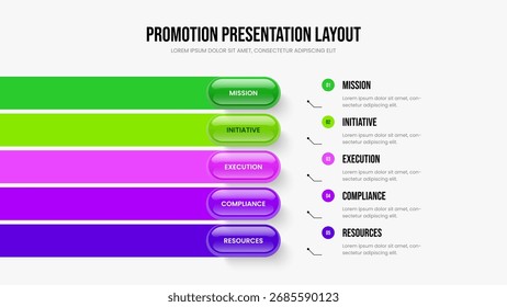 Ilustração do vetor do layout de quadro da visão geral de vendas. Enterprise Review Modelo de Slide Infográfico de Cinco Etapas. Design de apresentação de slides do diagrama de opções 5 da estratégia da empresa.