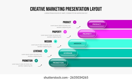 Sales Overview Slideshow Design Vector Illustration. Professional Growth 5 Element Infographic Slide Layout. Marketing Profile Five Option Diagram Frame Template.