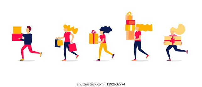 Sales people are running for shopping. Vector illustration 