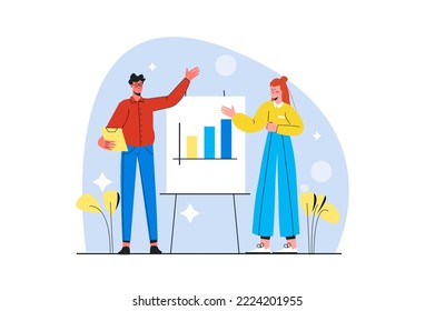 Sales performance blue concept with people scene in the flat cartoon design. Two marketers sum up sales for the last period. Vector illustration.
