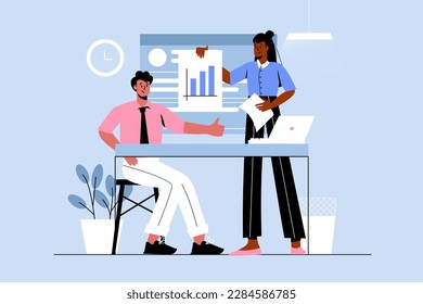 Sales performance blue concept with people scene in the flat cartoon design. Economists prepare to present market data and financial calculations. Vector illustration.