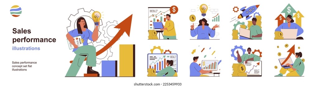 Sales performance concept with character situations collection. Bundle of scenes people analyze graphs data, increase business profits and commercial success. Vector illustrations in flat web design