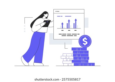 Sales performance concept. Financial profit growth, increase in earnings. Character Woman analyzes graphs, calculates income. Flat Cartoon Vector Illustration, icon. Stylish abstract 