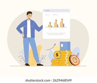 Sales performance concept. Financial profit growth, increase in earnings. Man analyzes graphs, calculates income. Flat vector illustration.