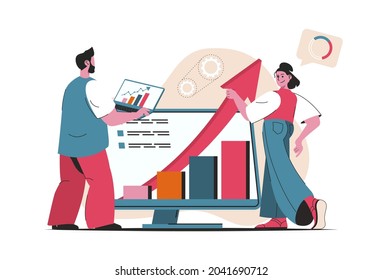 Concepto de rendimiento de ventas aislado. Análisis financiero, crecimiento de beneficios, aumento de ventas. Escena de personas en diseño de dibujos animados planos. Ilustración vectorial para blogs, sitio web, aplicación móvil, materiales promocionales.