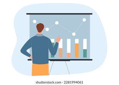 Sales performance concept. Man analyzes graphs and charts, marketing research and work with information. Accountancy and management. Presentation and infographics. Cartoon flat vector illustration
