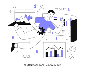 Konzept der Verkaufsleistung. Mann in der Nähe von Graphen und Diagrammen. Analyst führt Marketingforschung durch. Statistiken und Infografiken. KPI und Unternehmensbewertung. Lineare flache Vektorgrafik