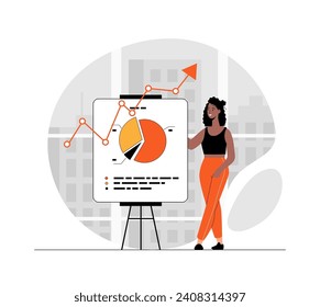 Concepto de rendimiento de ventas. Datos de mercado y cálculos financieros. Planificación exitosa para aumentar los beneficios financieros. Ilustración con la escena de personas en diseño plano para el desarrollo de sitios web y móviles.