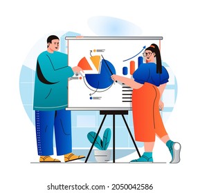 Sales performance concept in modern flat design. Team analyzes data and make presentation with report with statistics of profit growth. Successful strategy and increases income. Vector illustration