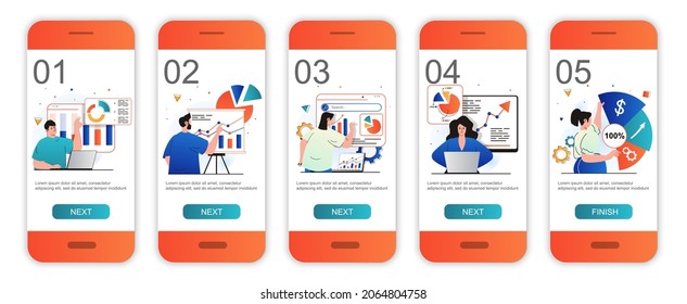 Sales performance concept onboarding screens for mobile app templates. Marketers analyze data. Modern UI, UX, GUI screens user interface kit with people scenes for web design. Vector illustration