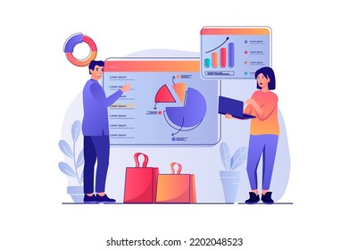 Sales performance concept with people scene. Woman and man analyzes financial data, makes presentation with business statistics and profit. Vector illustration with characters in flat design for web