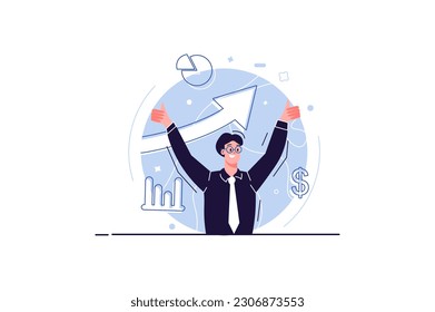 Sales performance concept with people scene in the flat cartoon design. The businessman is glad for the high productivity of sales. Vector illustration.