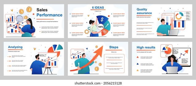 Sales performance concept for presentation slide template. People analyze financial data, business analytics and income growth, work with charts and graphs. Vector illustration for layout design