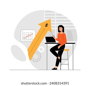 Sales performance concept. Profit analysis, increase more purchases, income growth. Illustration with people scene in flat design for website and mobile development.	
