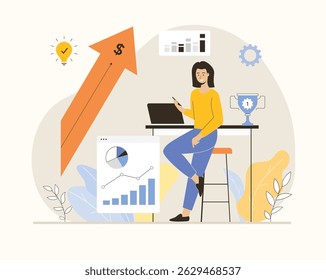 Sales performance concept. Profit analysis, increase more purchases, income growth. Flat vector illustration.	
