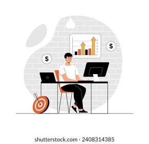 Sales performance concept. Profit growth, commercial success. Man analyze graphs and charts financial data. Illustration with people scene in flat design for website and mobile development.