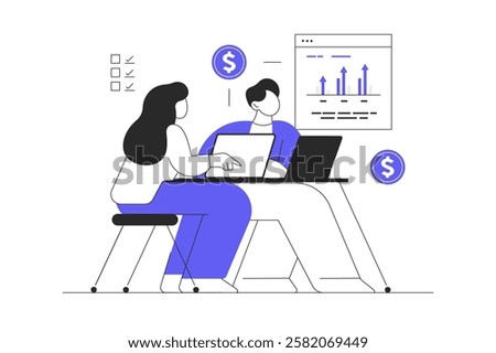Sales performance concept. Profit growth, commercial success. Characters analyze graphs and charts financial data. Flat Cartoon Vector Illustration, icon. Stylish abstract 
