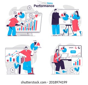 Konzept für die Verkaufsleistung. Vermarkter analysieren Daten über das Gewinngeschäft. Die Leute isolierten Szenen im flachen Design. Vektorgrafik für Blogging, Website, mobile App, Werbematerial.